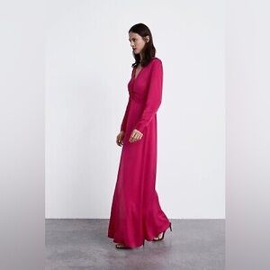 Zara AW18 Long Dress V-Neckline Fuchsia 8534/944 Size M